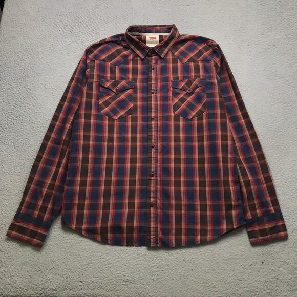 Levis Strauss & Co. Button Up Shirt Mens Large L Pockets Plaid Maroon Red Blue - Picture 1 of 10